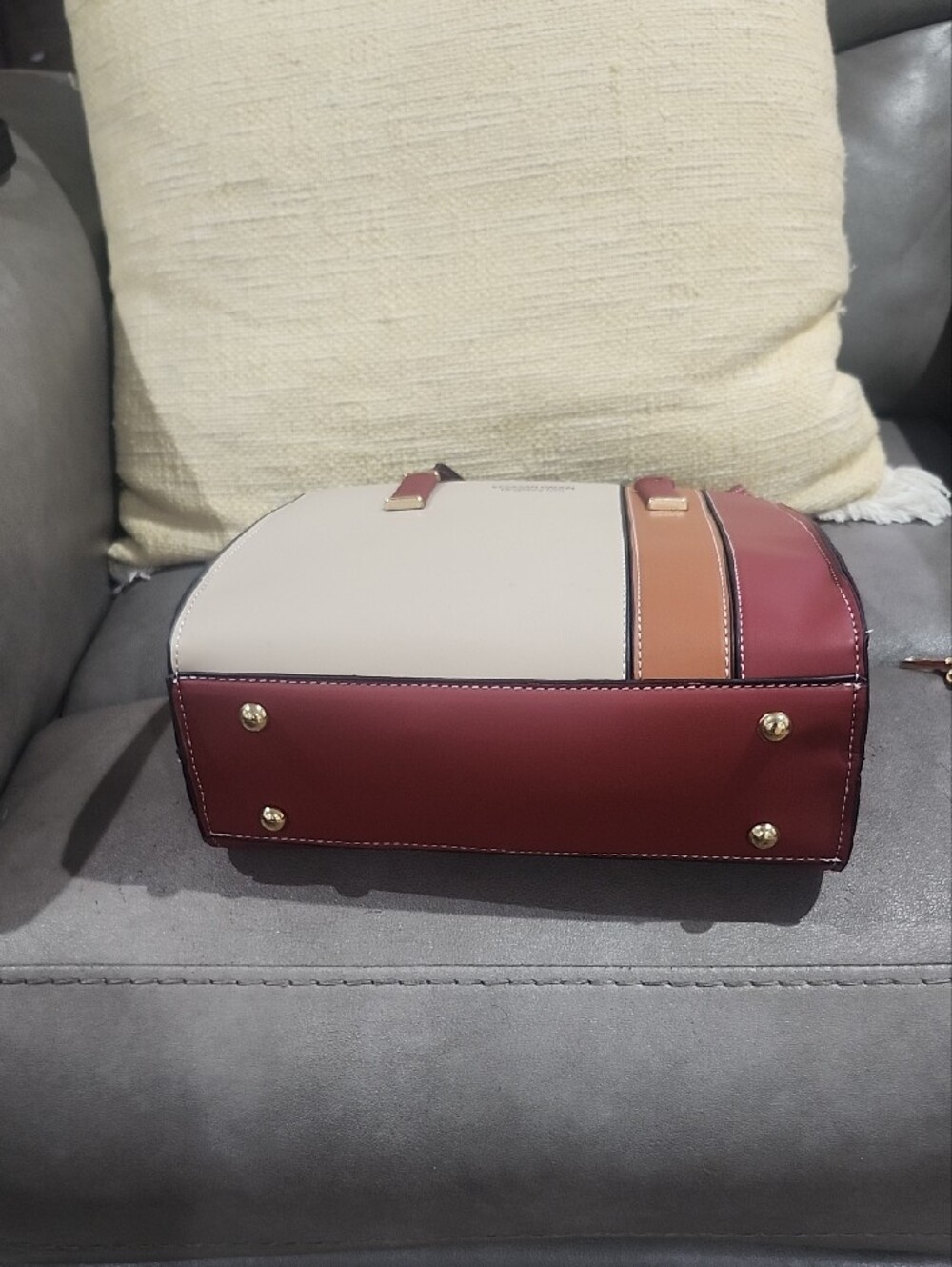 Patchwork Cream, Brown & Burgundy Paneled Tote/Crossbody - Picture 6 of 7